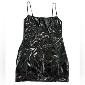 Pretty Little Thing Black Vinyl Bandeau Bodycon Dress Size 10